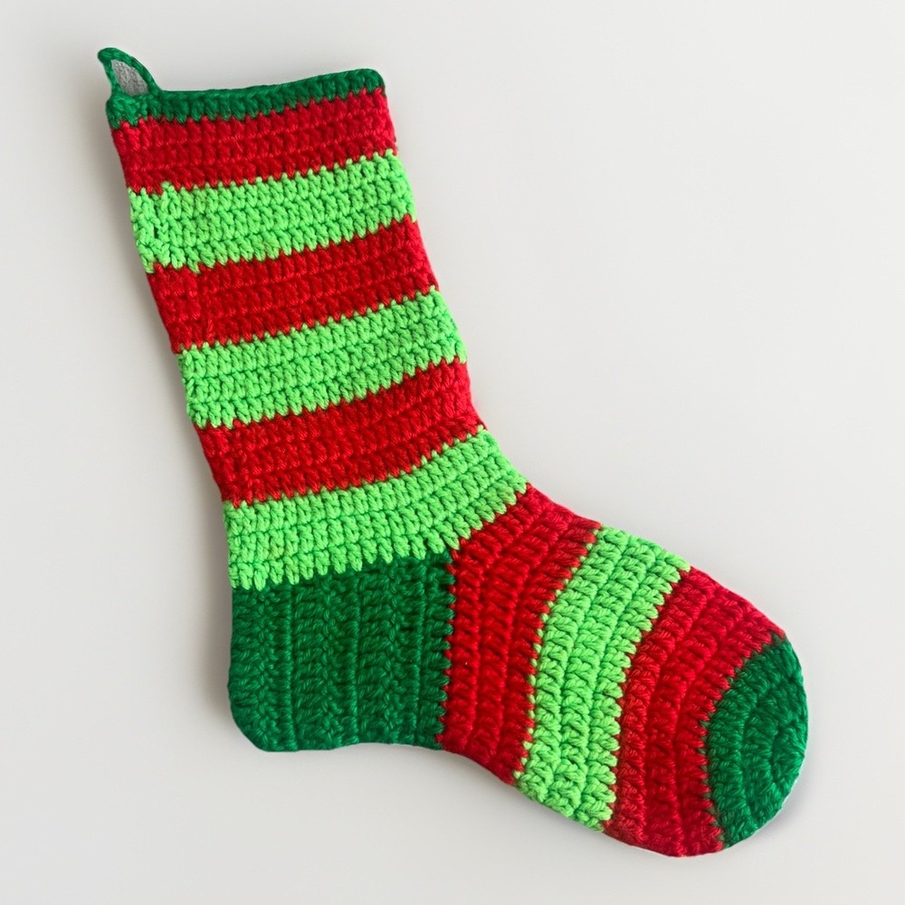Crochet Christmas Striped Stocking Handmade Red Green Grannycore Vintage 17" EUC